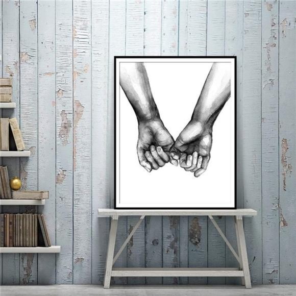 Love and Hand in Hand Wall Art Canvas Print Poster,Simple Fashion Black & White - Picture 5 of 5